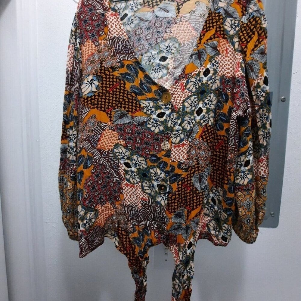 New Directions Boho Patchwork Tie Front Blouse Women’s Flowy Top